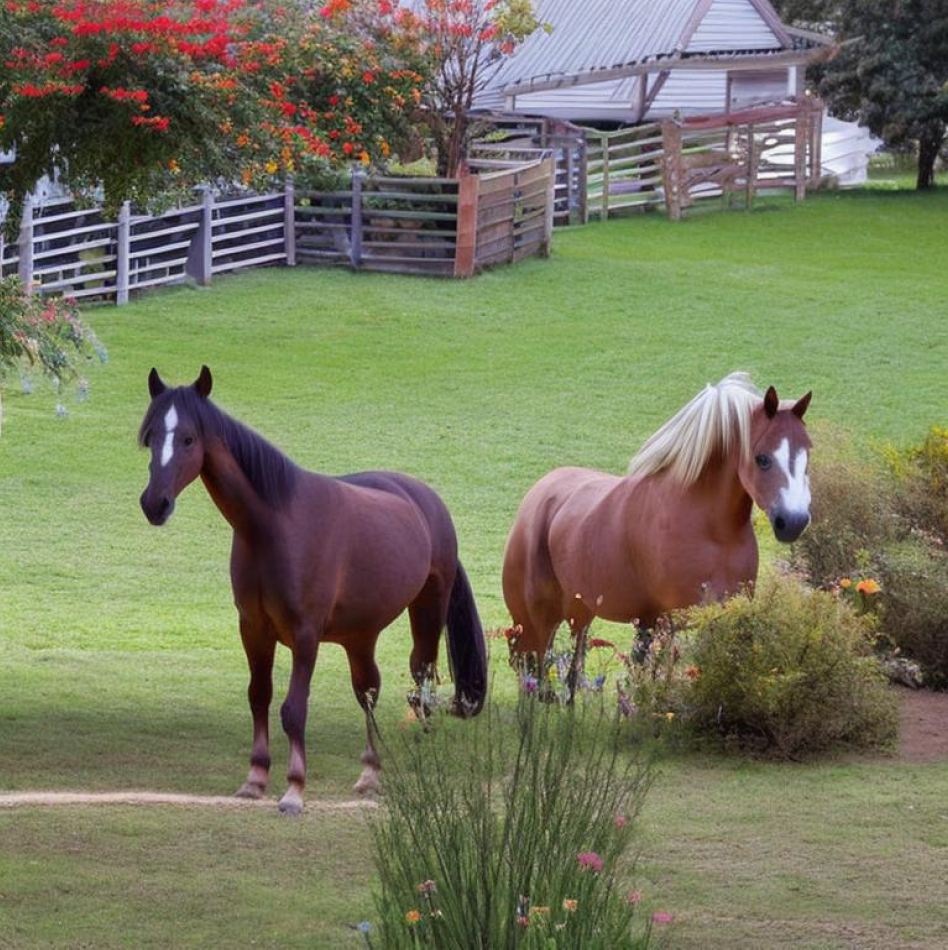 AI-generated photorealistic image of horses in a garden