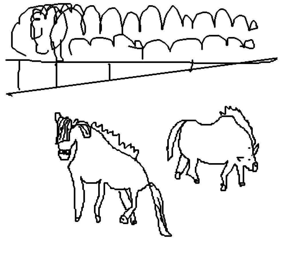 Freehand sketch of horses grazing in a garden area