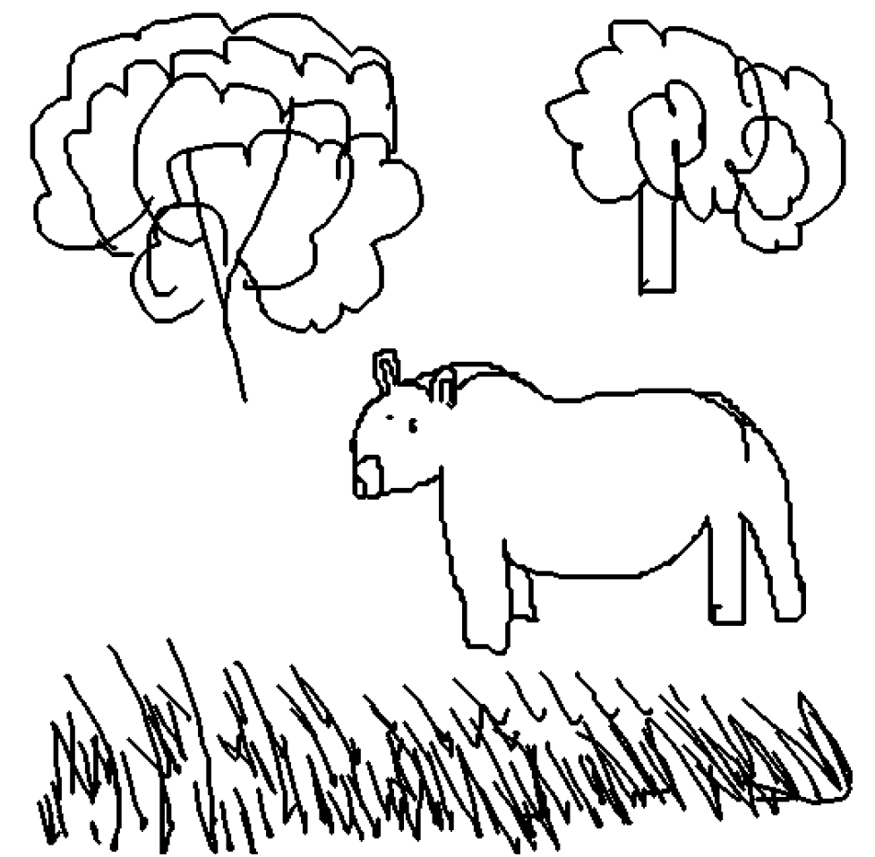 Freehand sketch of a bear standing among trees