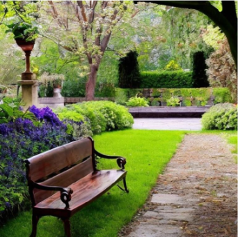 AI-generated photorealistic image of a park bench by water